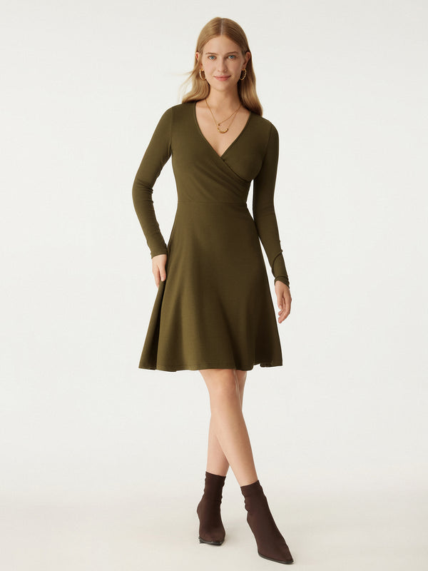 V Neck Long Sleeve Plicated Flare Mini Dress