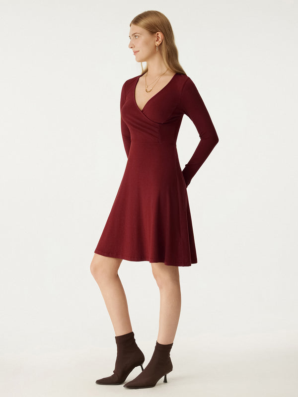 Plantive® V Neck Long Sleeve Plicated Flare Mini Dress