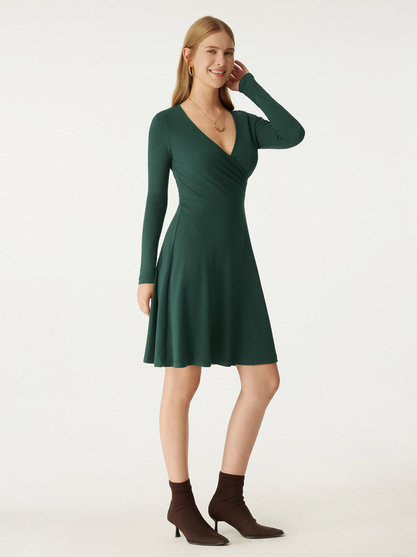 V Neck Long Sleeve Plicated Flare Mini Dress