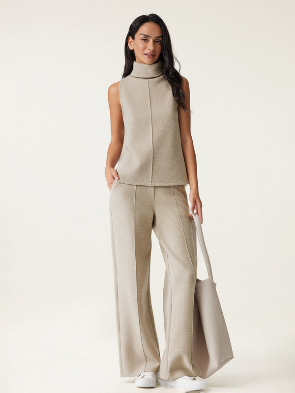 2Pcs Set Split Hem Top & High Waisted Straight Leg Pant