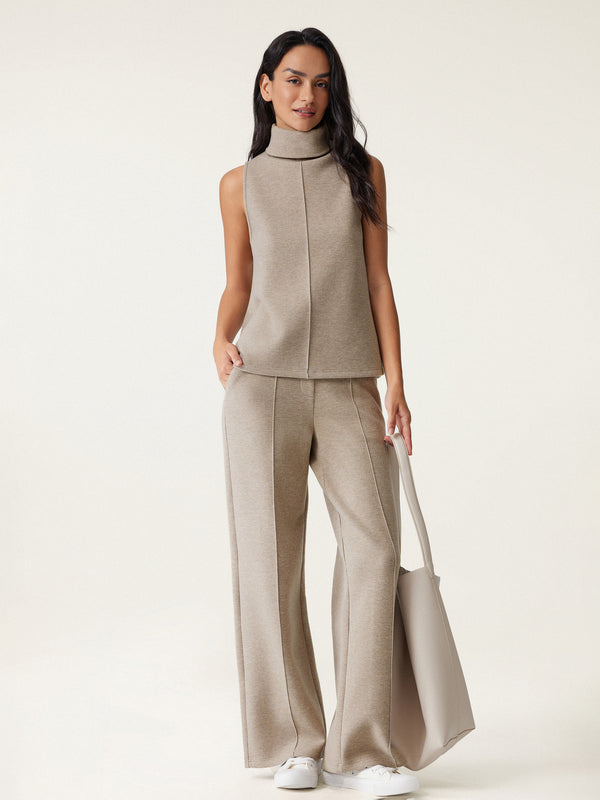 2Pcs Set Split Hem Top & High Waisted Straight Leg Pant