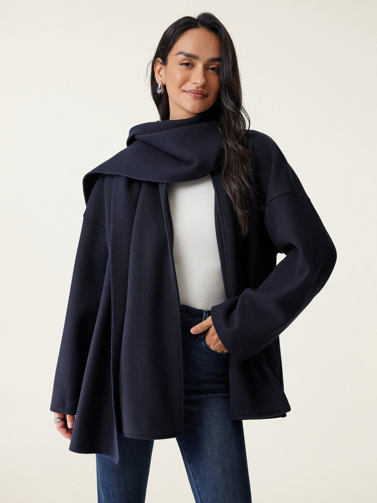 FuzzLuxe Scarf Collar Convertible Coat Pockets