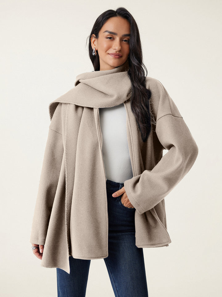 woman in beige scarf jacket