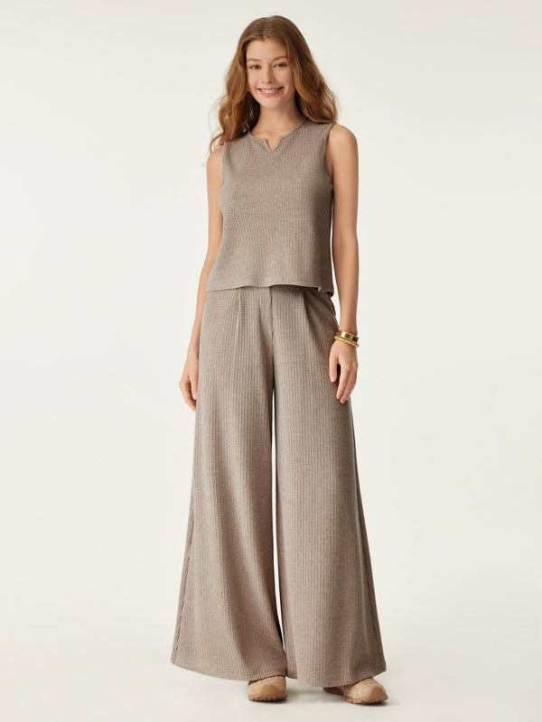 2Pcs Set A-Line Hem Tank Top & High Waisted Wide Leg Pant