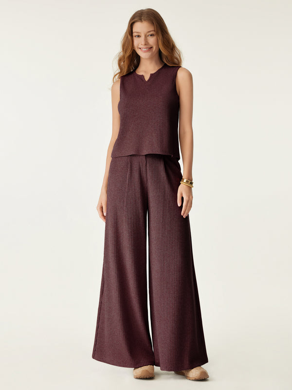 2Pcs Set A-Line Hem Tank Top & High Waisted Wide Leg Pant Wine XS