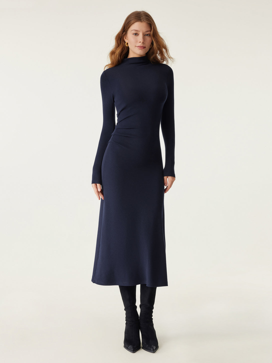 ProWarm Long Sleeves Mockneck Tucks Midi Dress Regular Midnight Navy