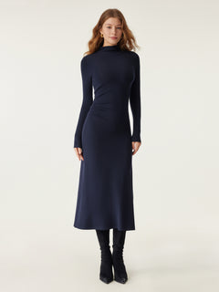 OGLmove ProWarm Mock Neck Long Sleeve Ruched Mermaid Midi Dress Midnight Navy XXS