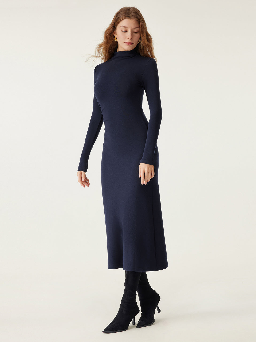 ProWarm Long Sleeves Mockneck Tucks Midi Dress