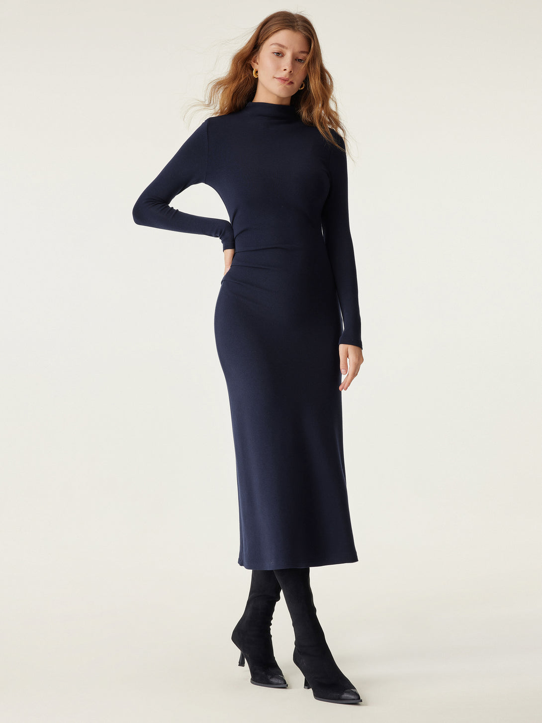 ProWarm Long Sleeves Mockneck Tucks Midi Dress
