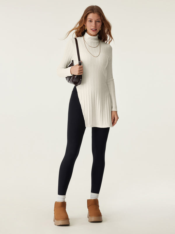 Cable Texture Mockneck Side Slit Tunic Top