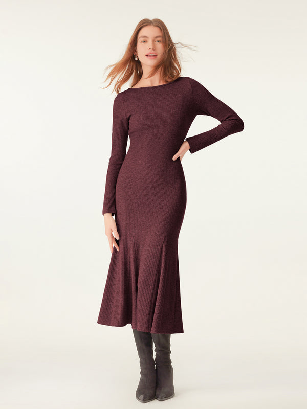 Boatneck Flare Midi Dress Wine XS