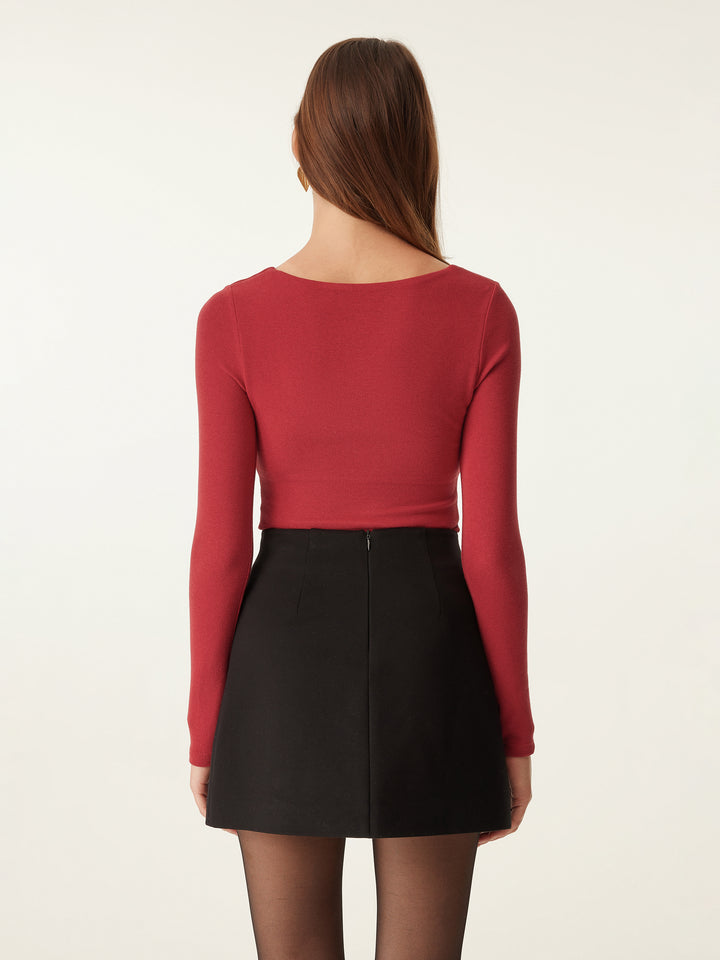 red sweetheart neck top from back side