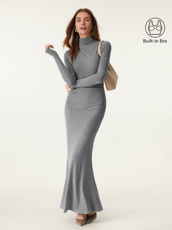 Mock Neck Asymmetrical Ruched Maxi Dress