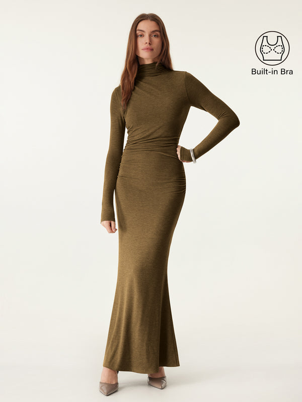 Mock Neck Asymmetrical Ruched Maxi Dress