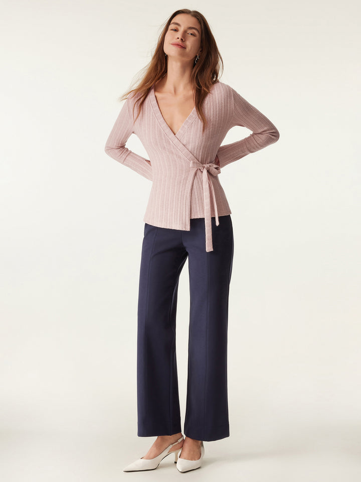 jacquard wrap tie top pair with blue pants