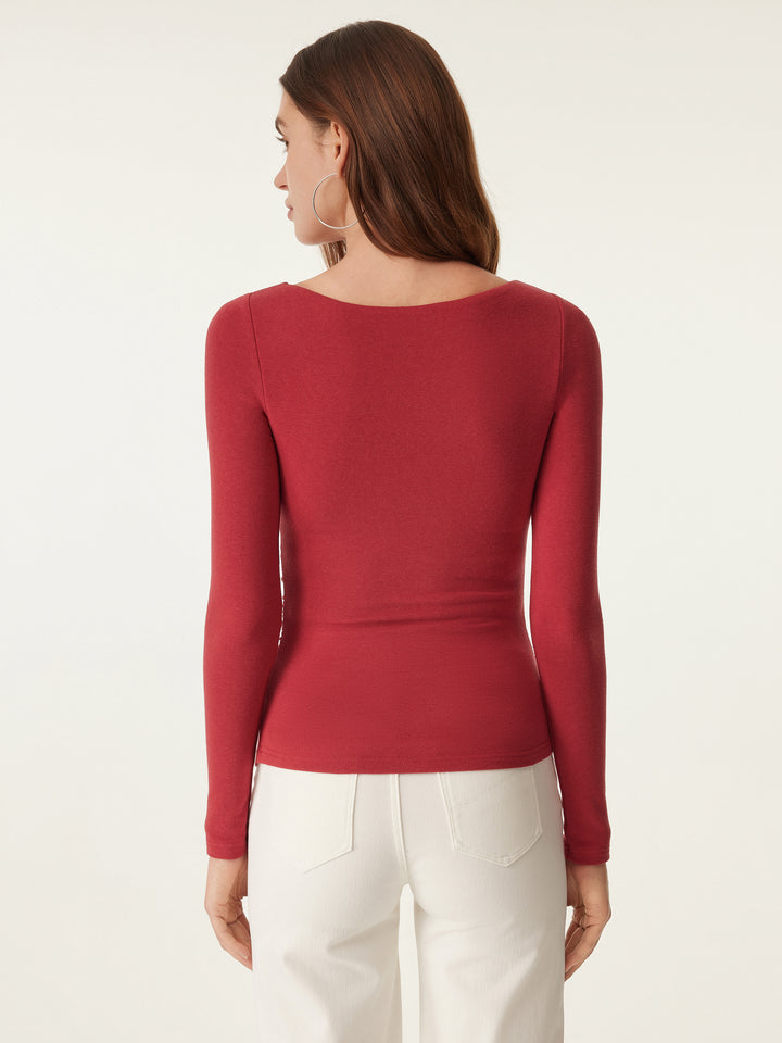 red boat neck top from back side