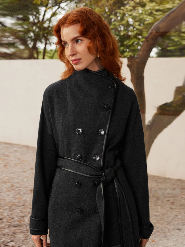 Eco-Leather Trimmed Coat With Belt