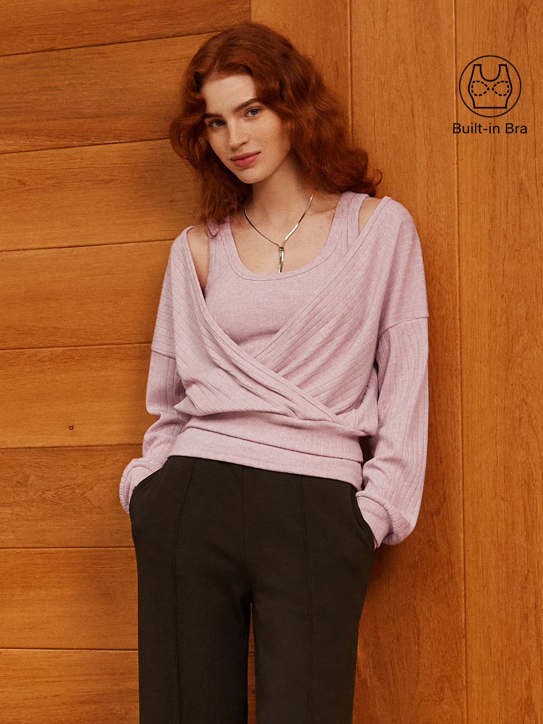 2Pcs Set Wide Rib Scoop Brami Tank & Surplice Top Heather Pink XS