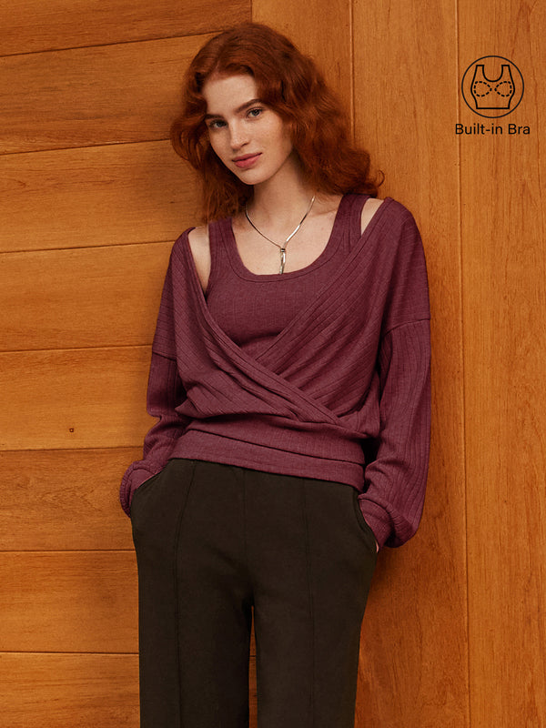 OGLmove Wide Ribbed Crossover Long Sleeve Banded Hem Top