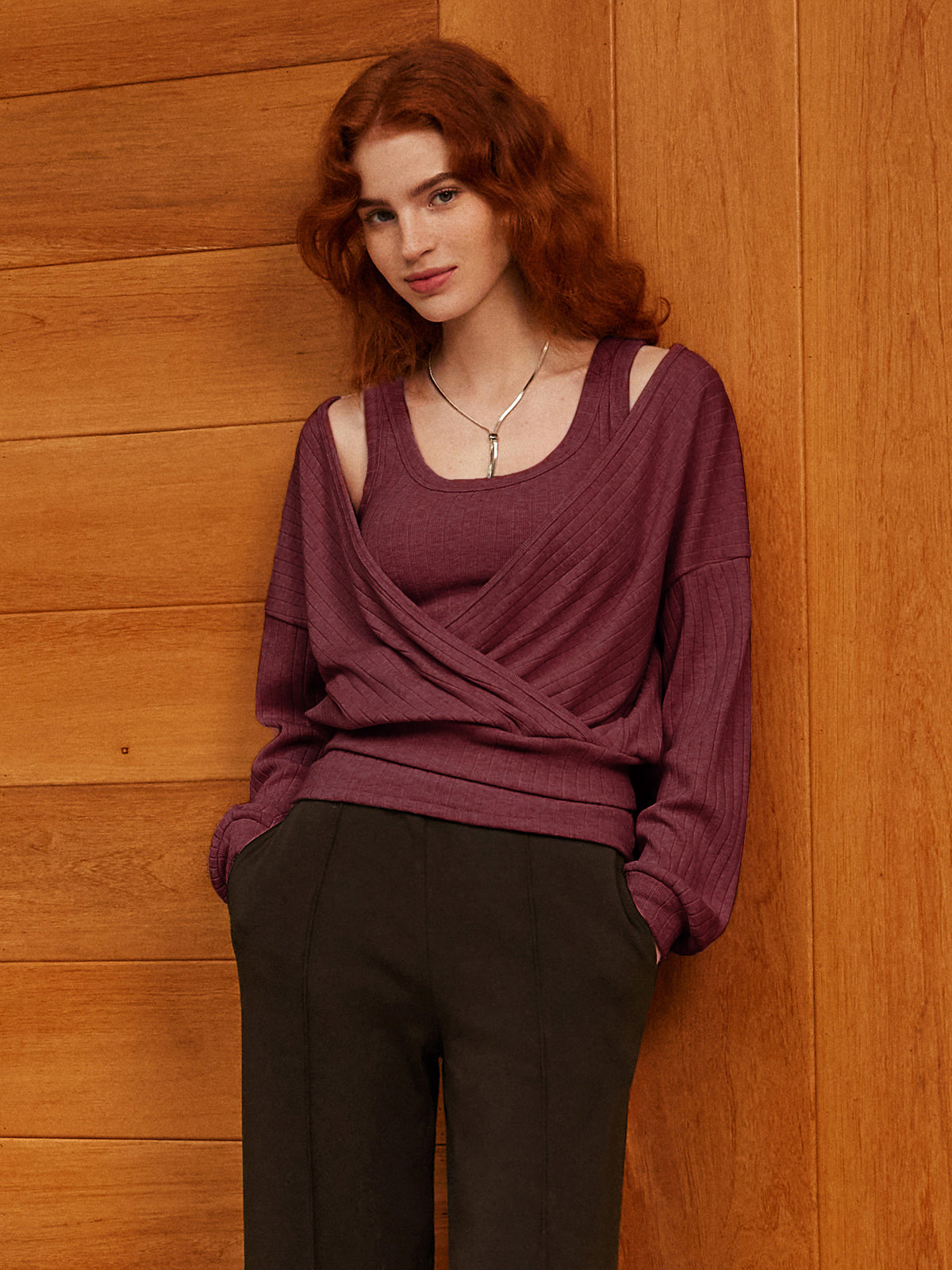MaxWarm Wide Ribbed Crossover Long Sleeve Banded Hem Top