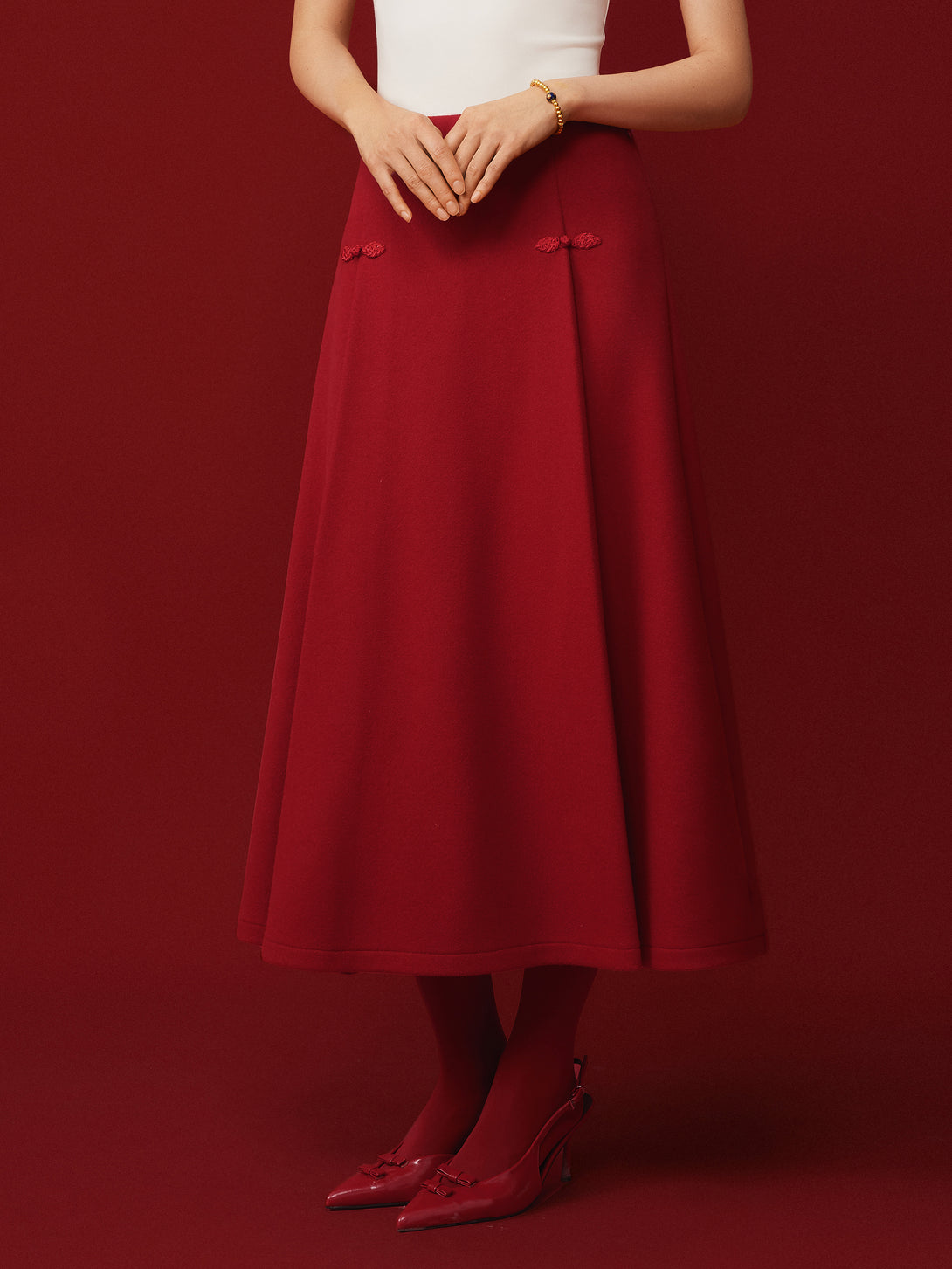 Wool-like Frog Button A-Line Midi Skirt Red Flame XS