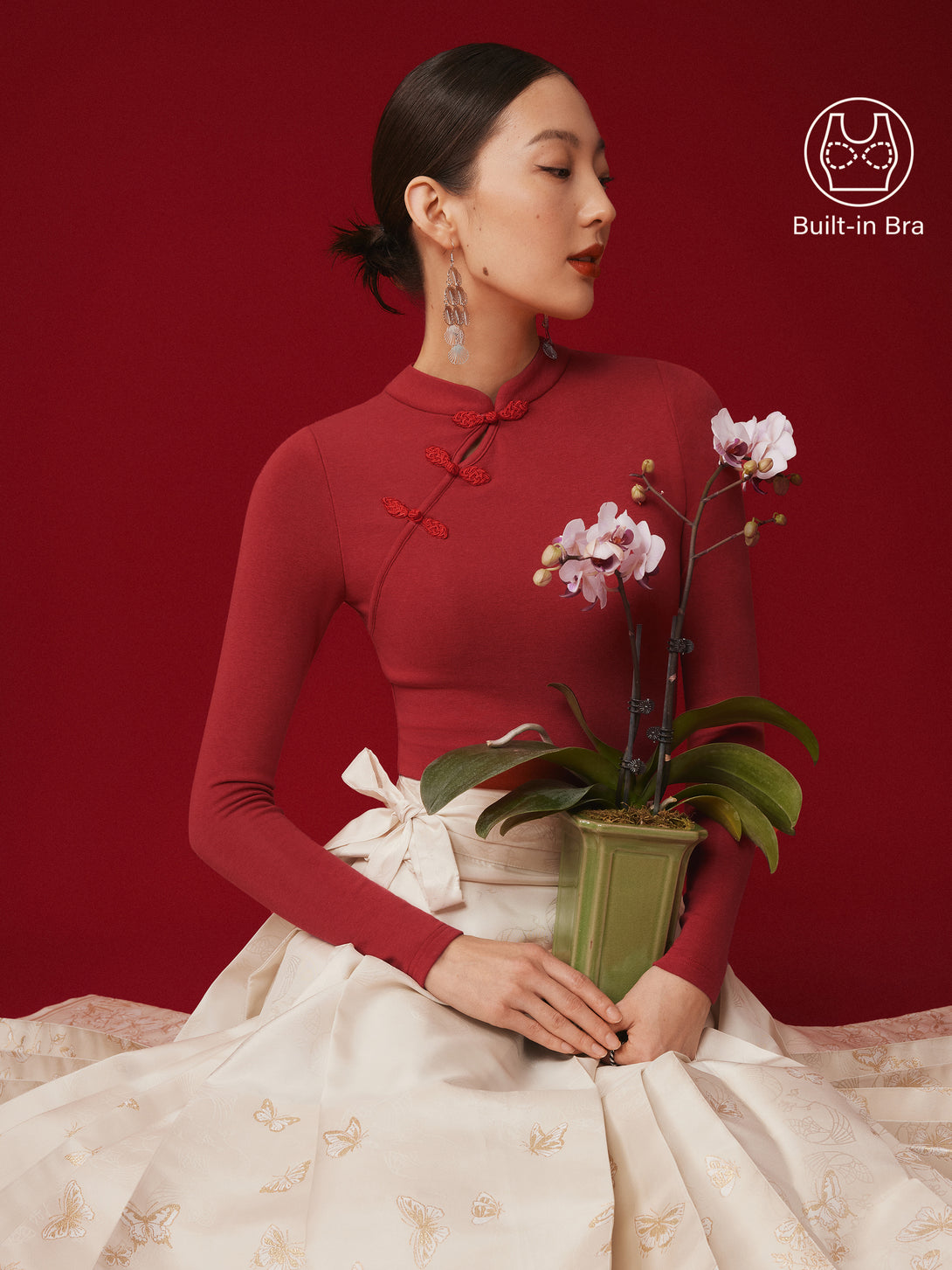 Mandarin Collar Asymmetric Frog Button Brami Top Christmas Red XS