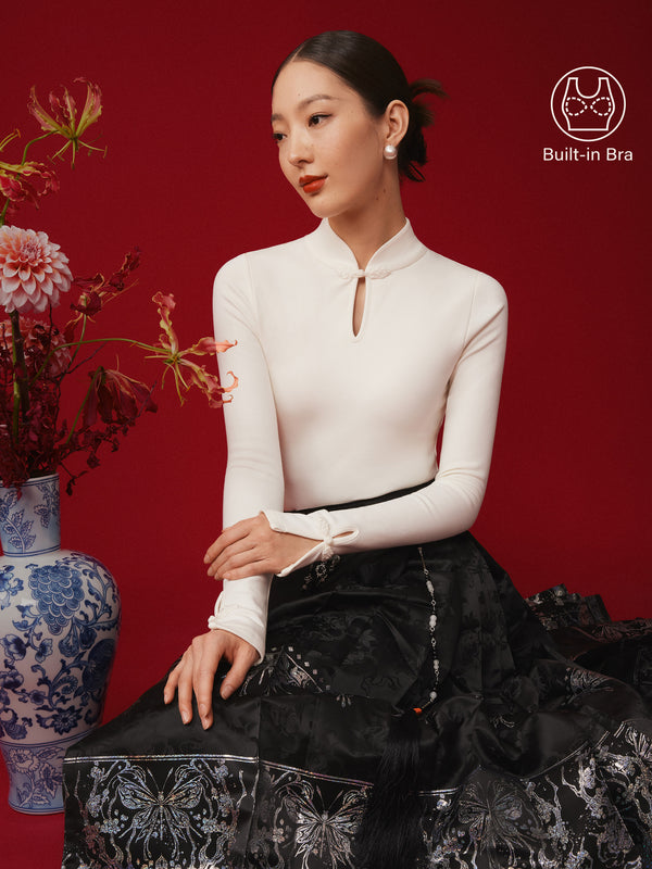 Chinese Woman in White Mandarin Collar Brami Shirt