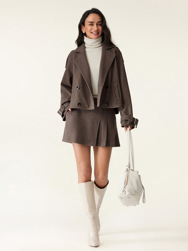 2Pcs Set Double Breasted Short Coat & Asymmetric Pleated Mini Skort