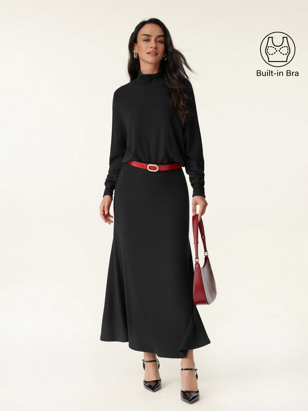 2Pcs Set Mockneck Batwing Brami Top & Knit Midi Skirt