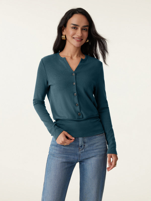 V-Neck Long Sleeve Half-Placket Top