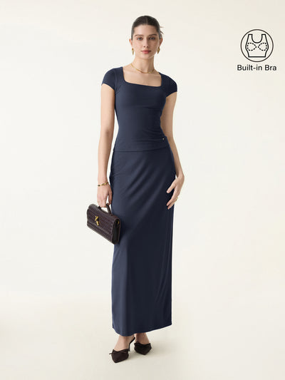 2Pcs Set SkinKiss Square Neck Cap Sleeve Cropped Brami & H-Line Maxi Skirt Midnight Navy XS