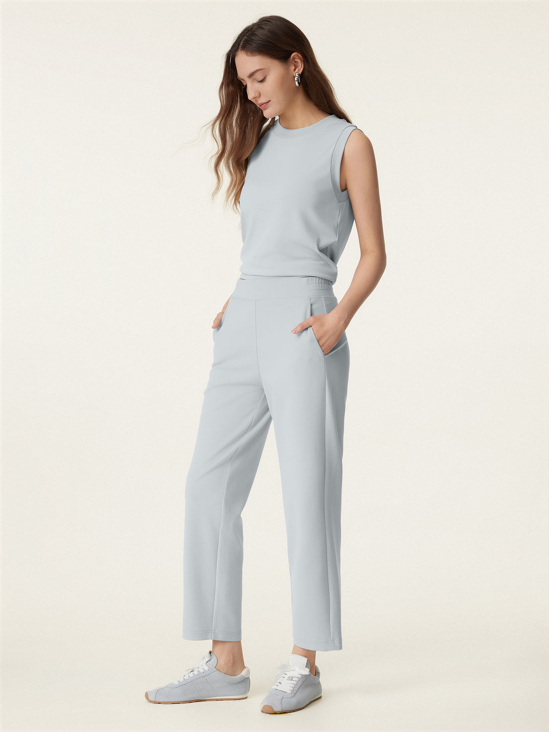 2Pcs Set Crewneck Tee & Mid Rise Tapered with Pockets Smoke Blue XS