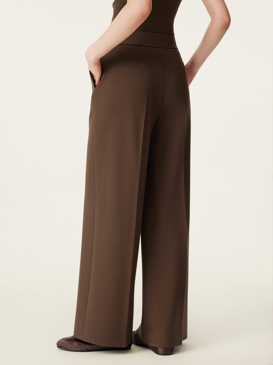 2Pcs Set Scoop Neck Cotton Brami & High Rise Wide Leg Trouser with Pockets