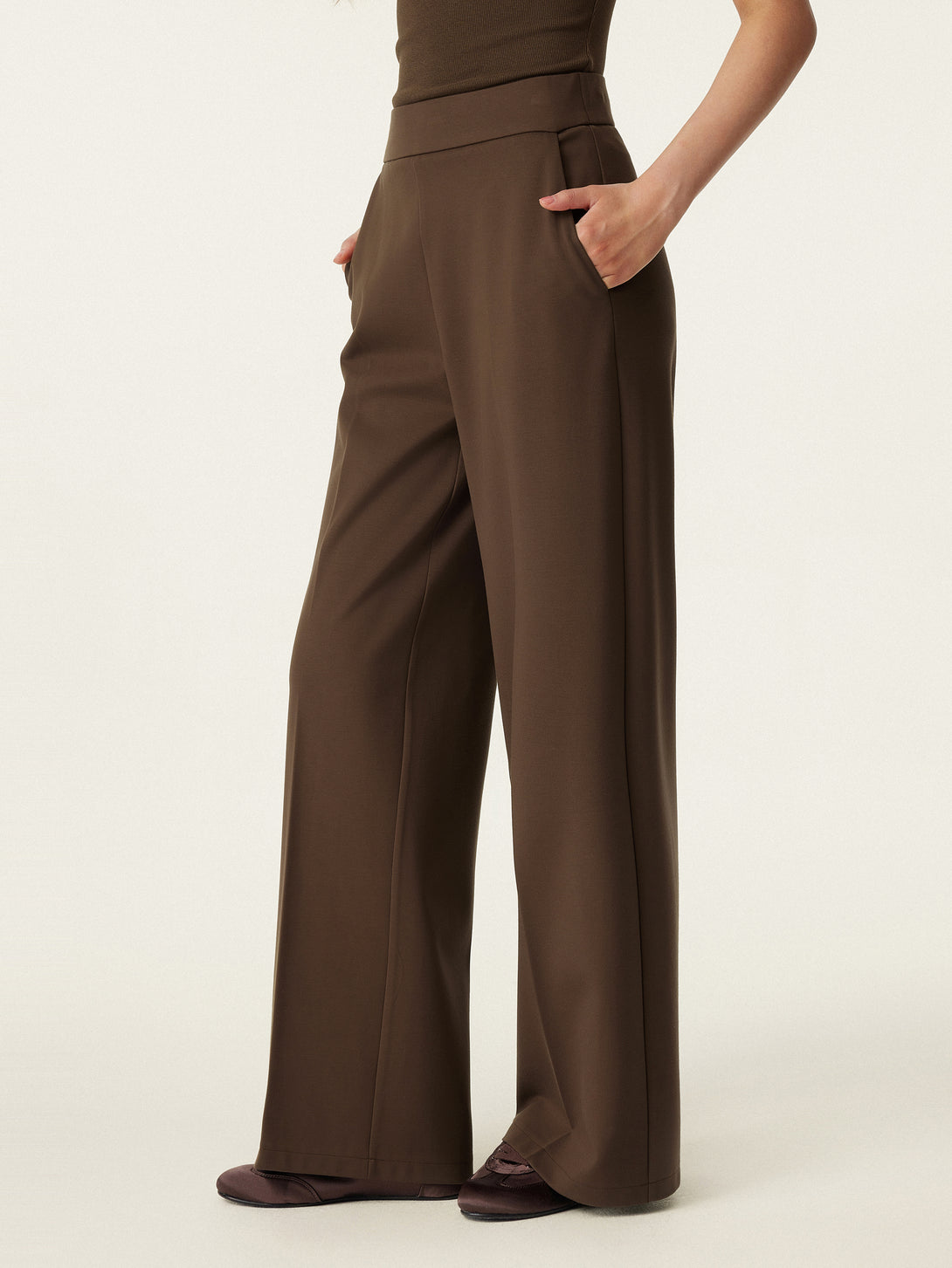 2Pcs Set Scoop Neck Cotton Brami & High Rise Wide Leg Trouser with Pockets