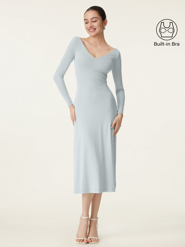 V-neck Long Sleeves Midi New Airy Brami Dress Smoke Blue XS