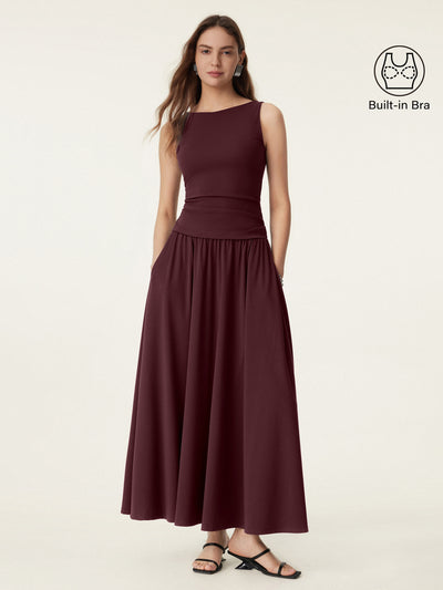 2Pcs Set Stretch Cotton Boatneck Brami Tank & Maxi Umbrella Skirt with Pockets