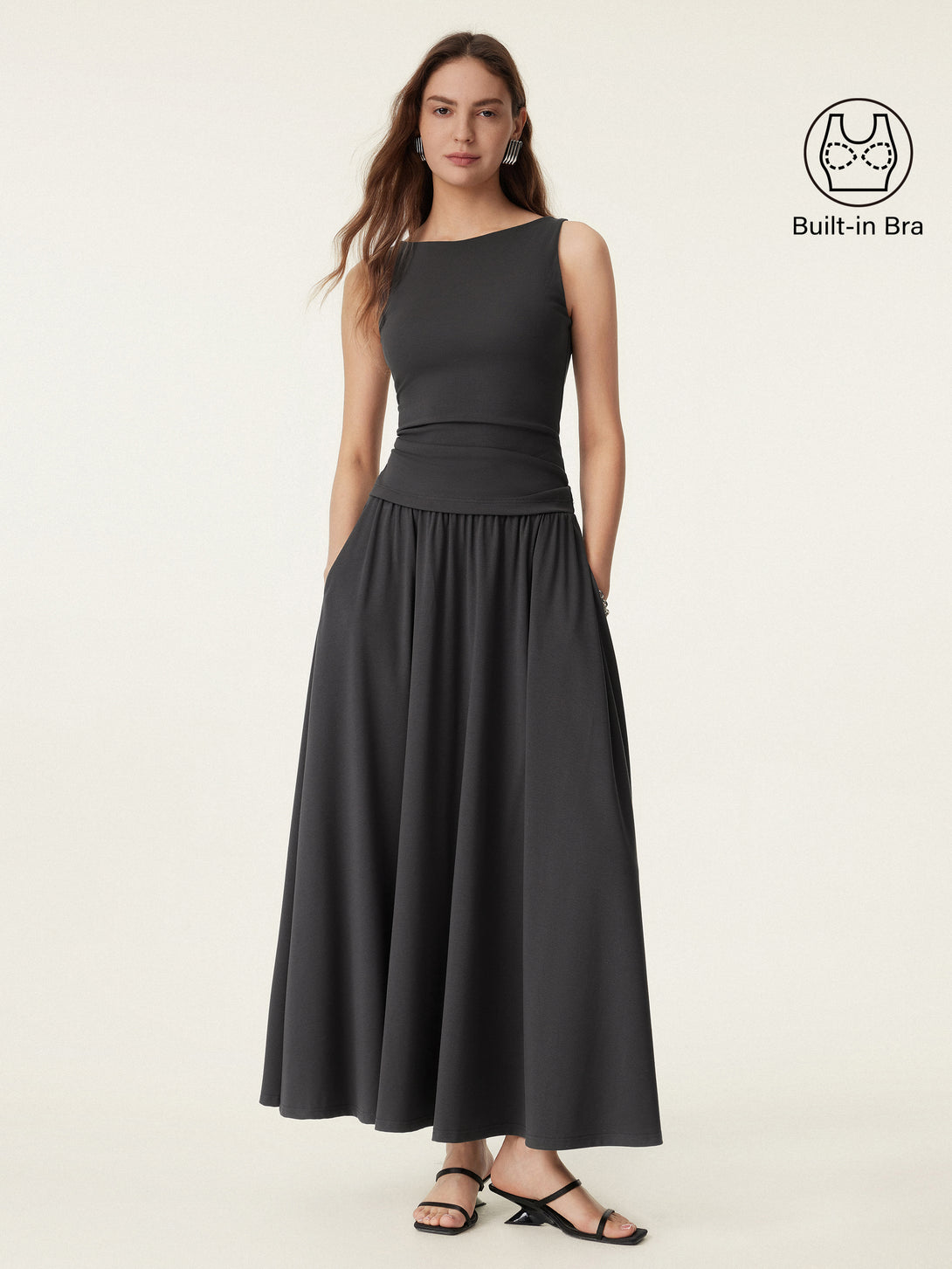 2Pcs Set Stretch Cotton Boatneck Brami Tank & Maxi Umbrella Skirt with Pockets