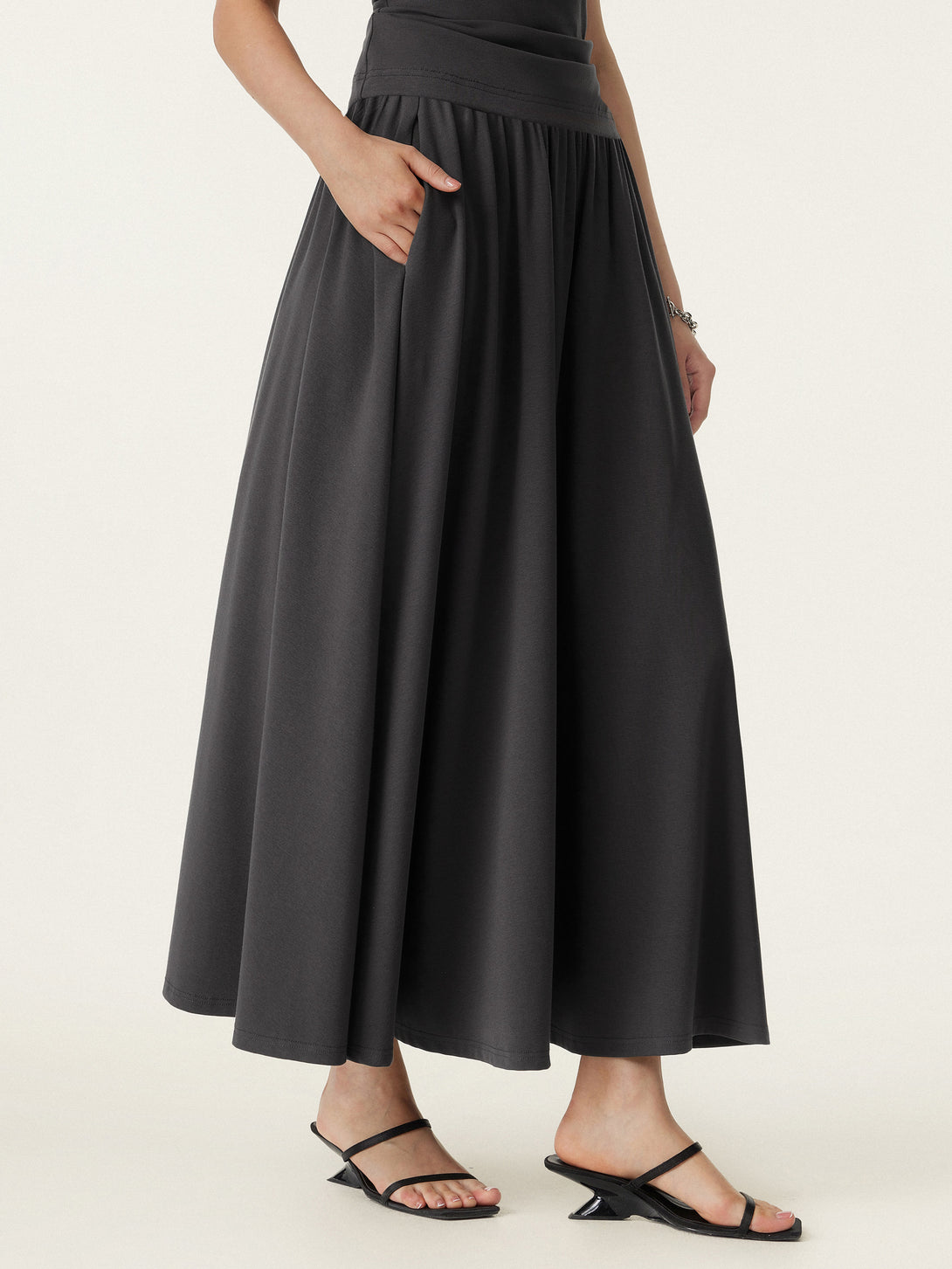 Stretch Cotton Maxi Umbrella Skirt with Pockets Shadow XS