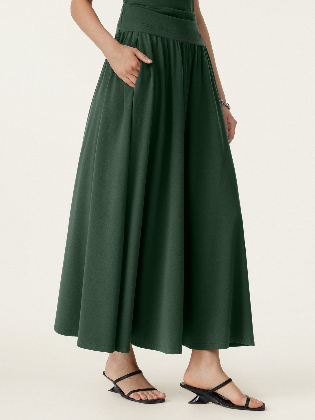 Stretch Cotton Maxi Umbrella Skirt with Pockets Bush Green XS