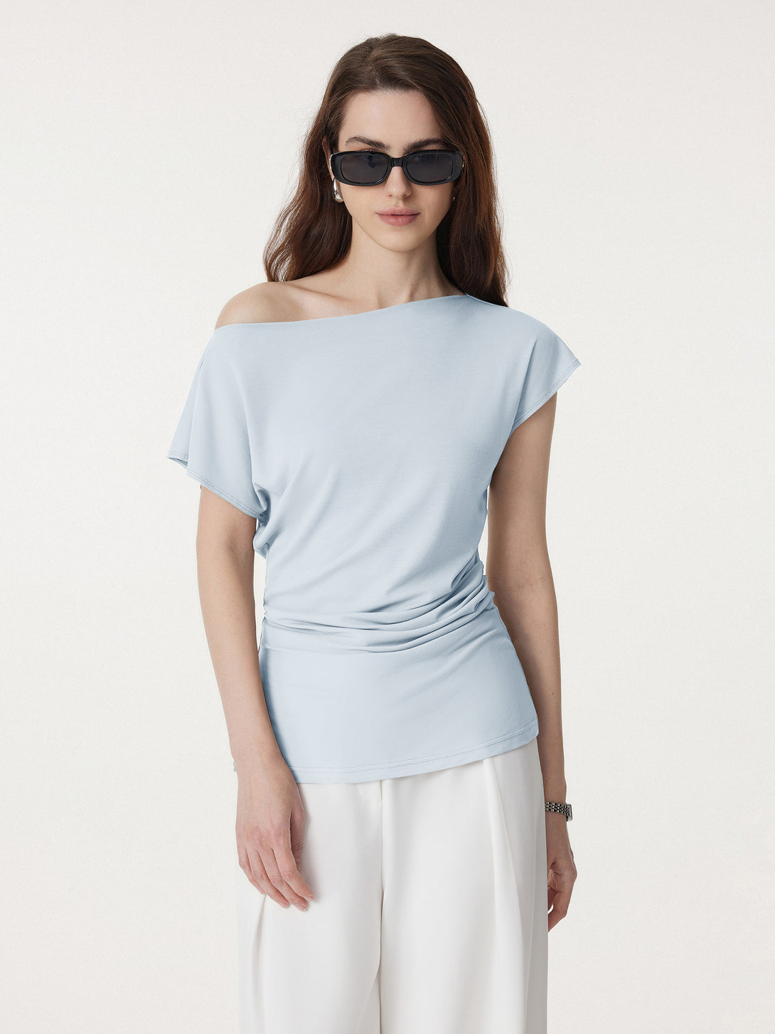 Boatneck Flutter Sleeve Side Tucked Long Tee