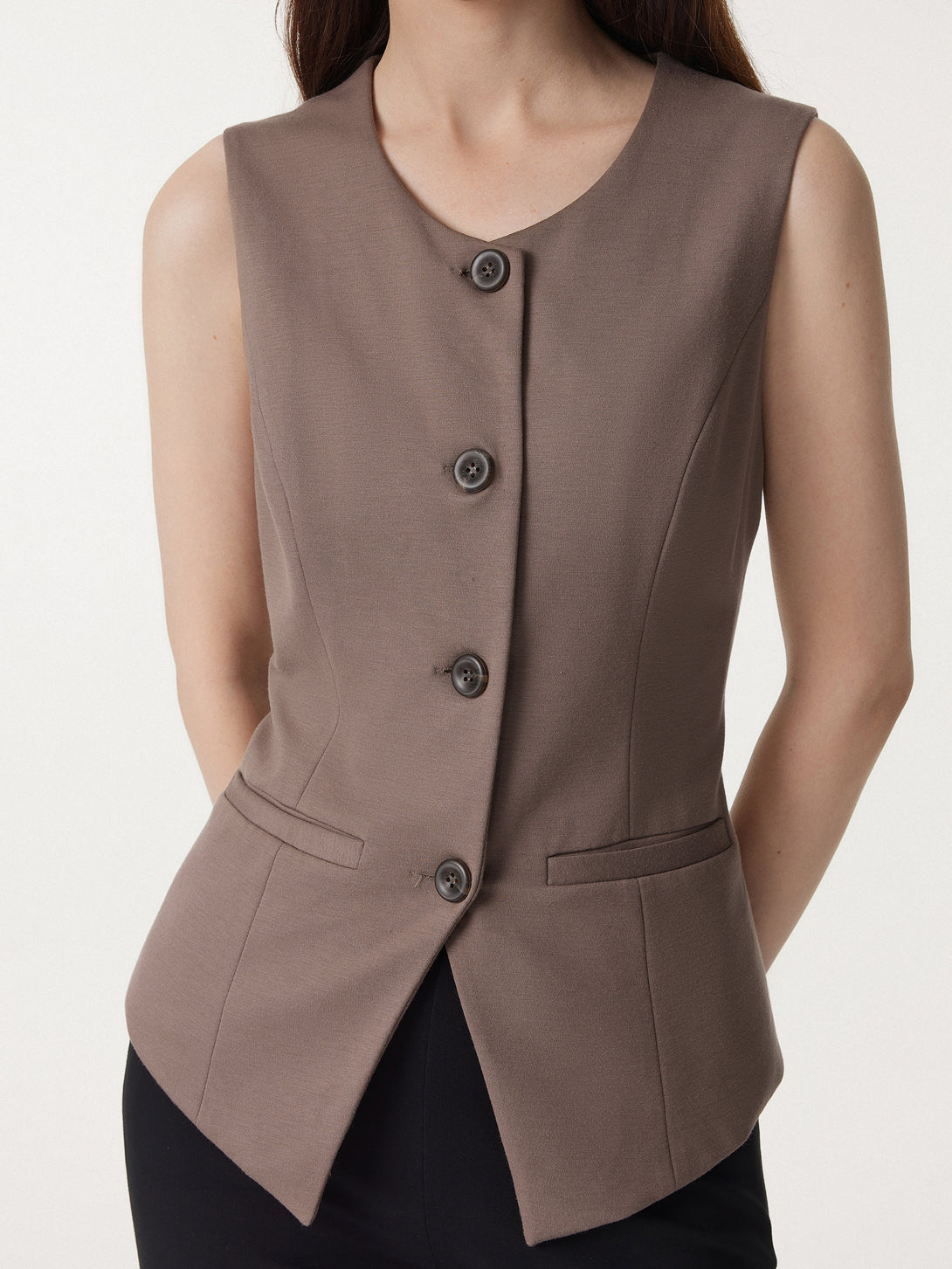 2Pcs Set Office Staple Waistcoat with Pockets & High Rise Pull-on Wide Leg Pant