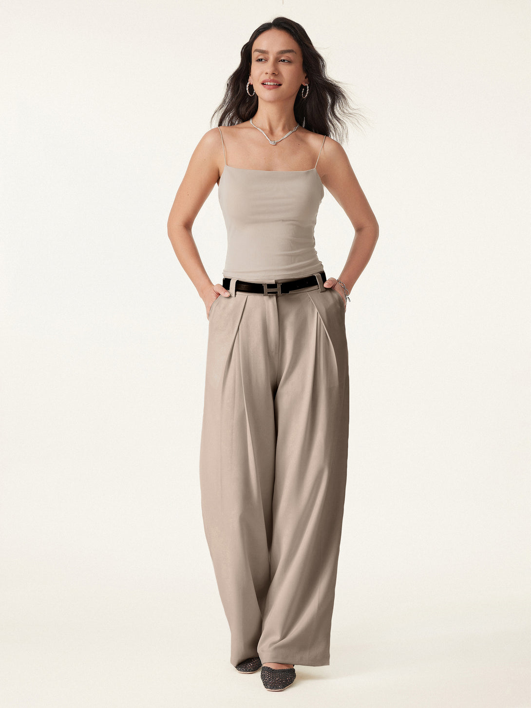 Tencel-Linen Pants Wrinkle-Free Tucked Wide Leg Trouser