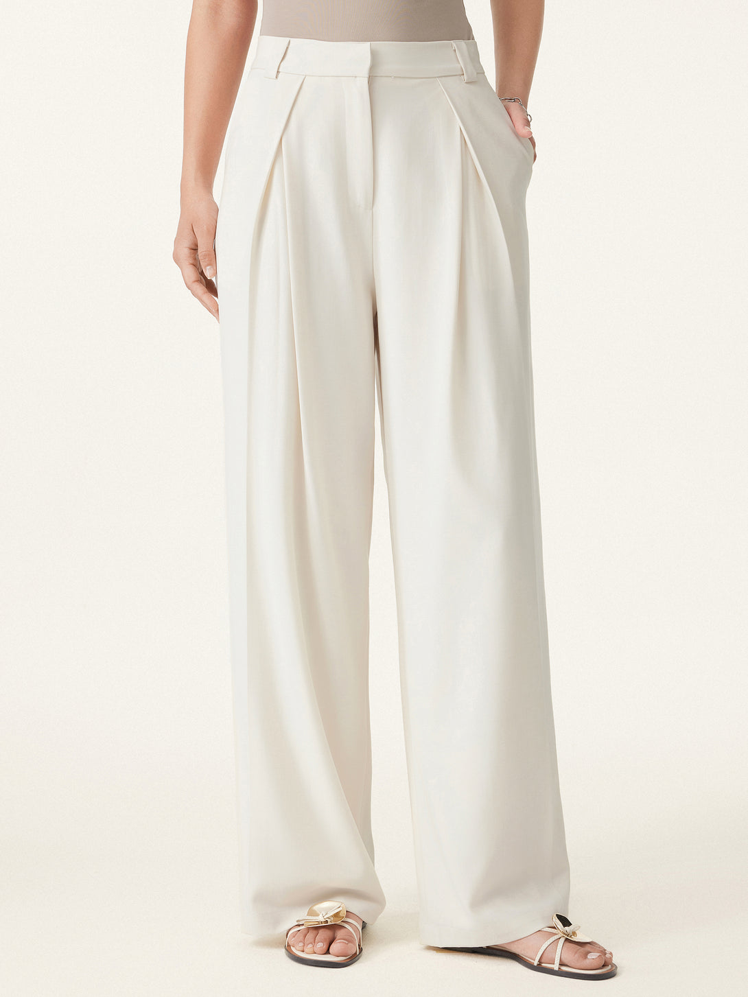Tencel-Linen Pants Wrinkle-Free Tucked Wide Leg Trouser Ash Ivory XS