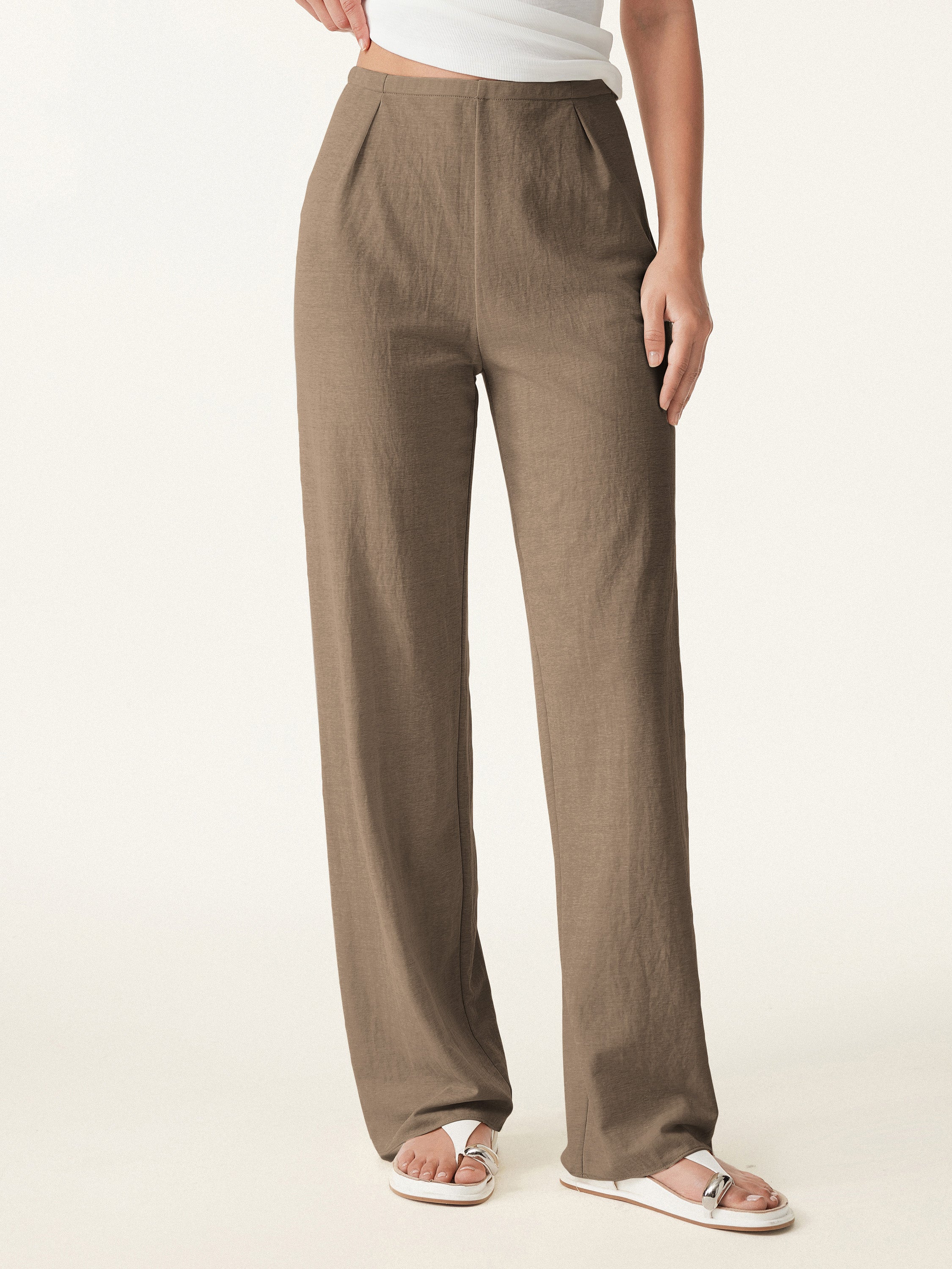 Wrinkle resistant Cotton linen Mid Rise Straight Leg Pant