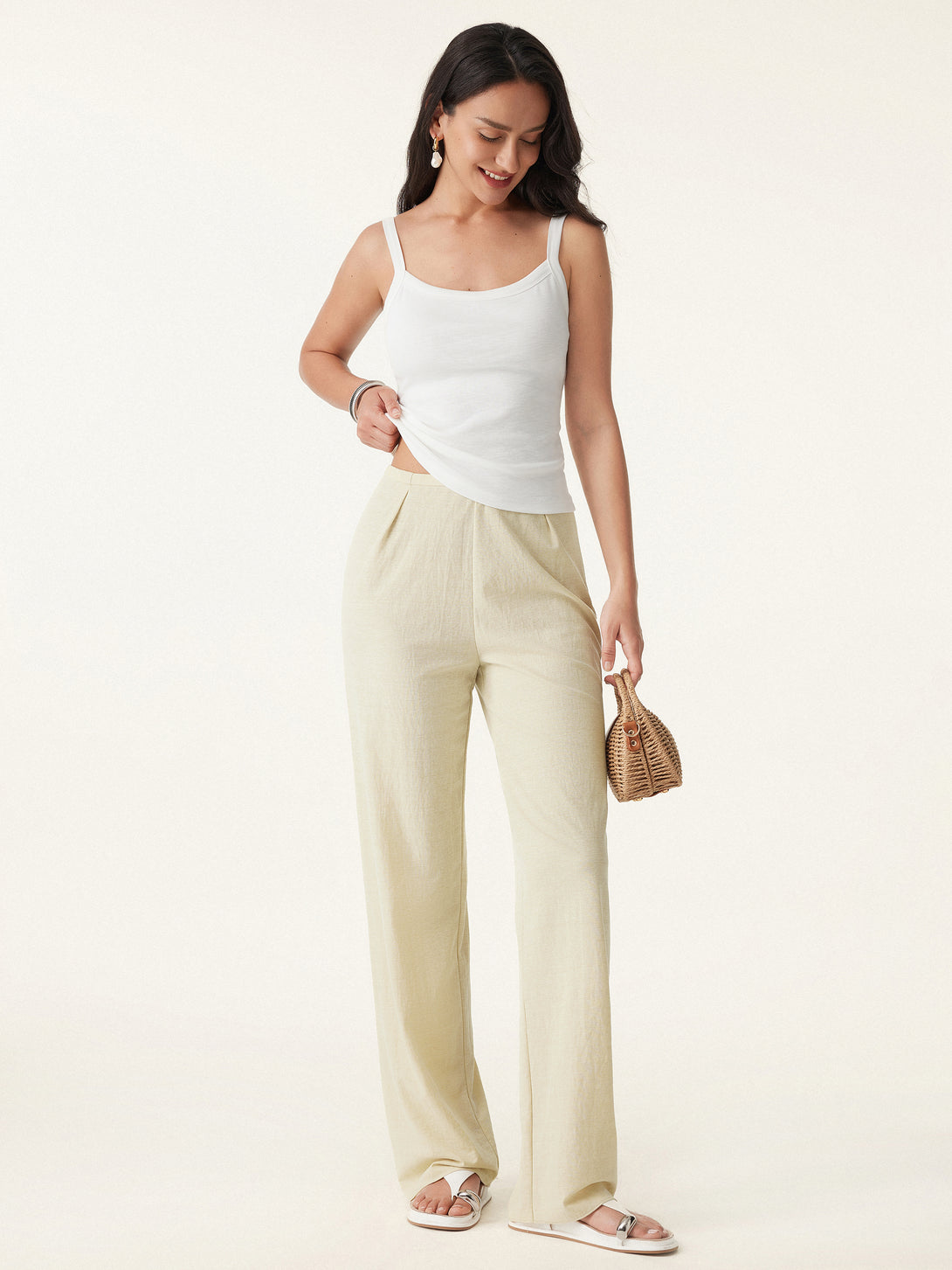 Wrinkle-resistant Cotton-linen Mid Rise Straight Leg Pant