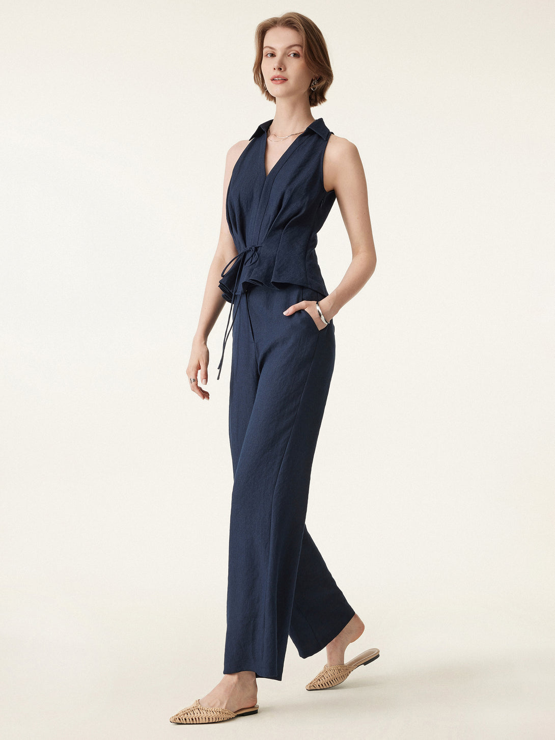 2Pcs Set Collared V-neck Sleeveless Top & Mid Rise Flared Pant with Pockets