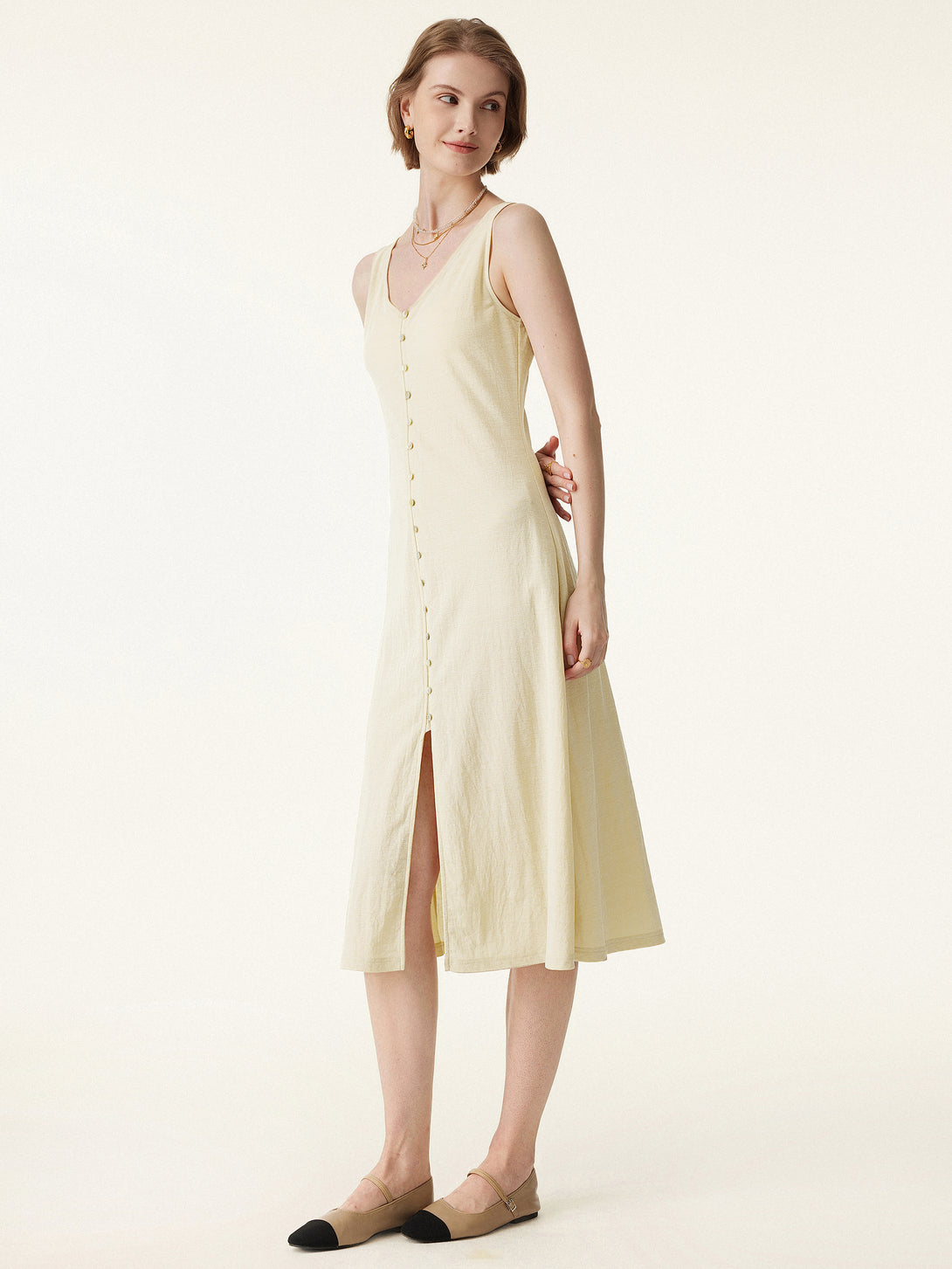 Multi-wear V-neck Button Front Midi Vest Dress