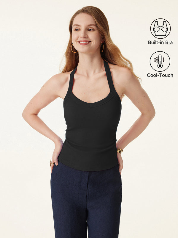 OGLmove Halter Neck Side Ruched Ribbed Bra Tank Black XS
