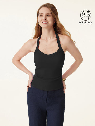 Halter Neck Side Ruched Ribbed Bra Tank