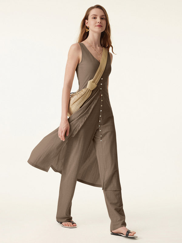 2Pcs Set V-neck Button Front Midi Vest Dress & Mid Rise Straight Leg P OGLmove 2Pcs Set V-neck Button Front Midi Vest Dress & Mid Rise Straight Leg P OGLmove